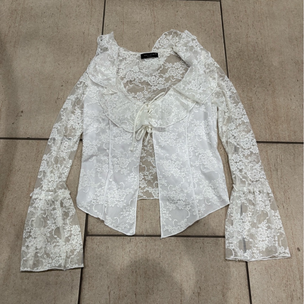 White Bell Sleeve Tie Front Top